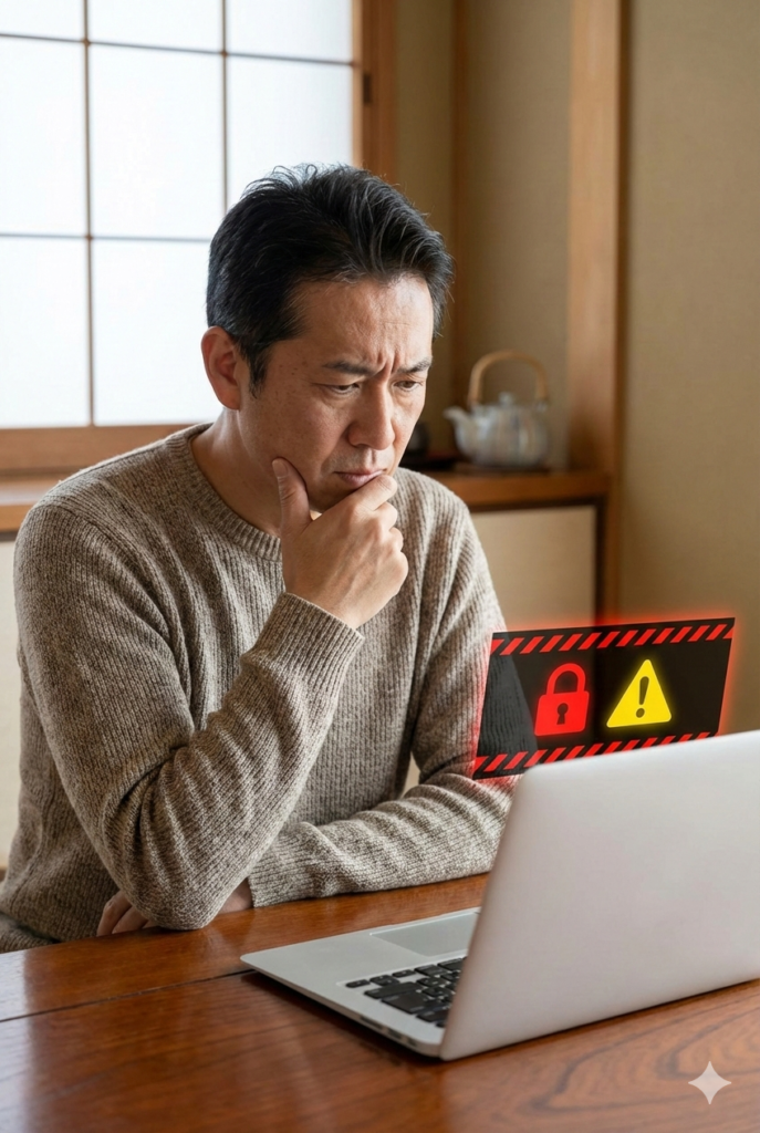 パソコンの警告表示に不安そうな表情の男性｜高松市で増えているウイルス警告詐欺の注意喚起