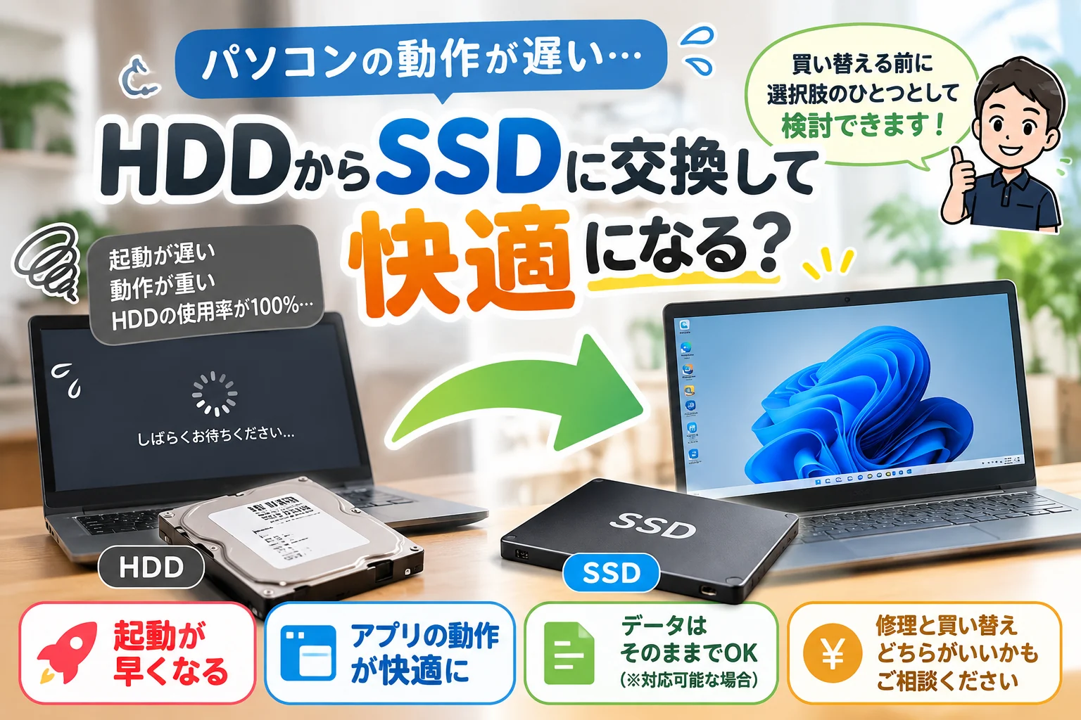 HDDをSSDに交換すると起動やアプリの読み込みが速くなる場合があることを示す図解