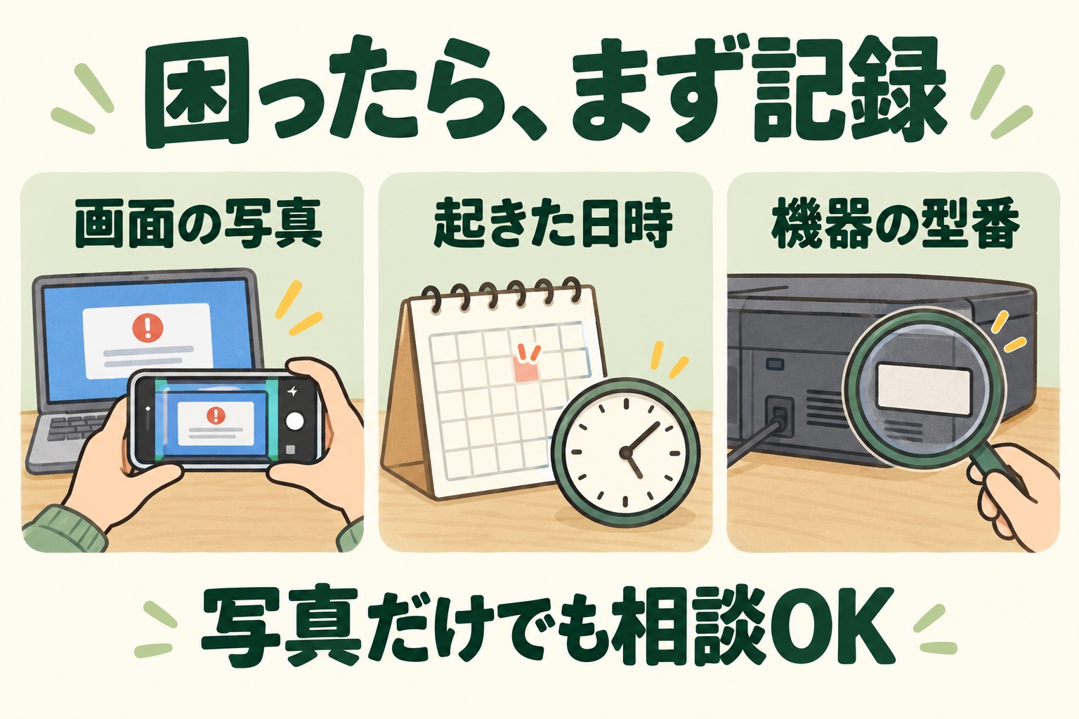 更新後に困ったときは画面の写真、発生日時、機器の型番を記録。写真だけでも相談できます
